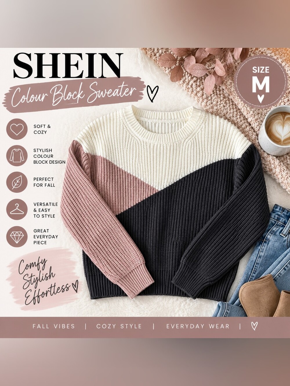 Fall Cozy Colour Block Sweater | Cream Mauve & Black | SHEIN